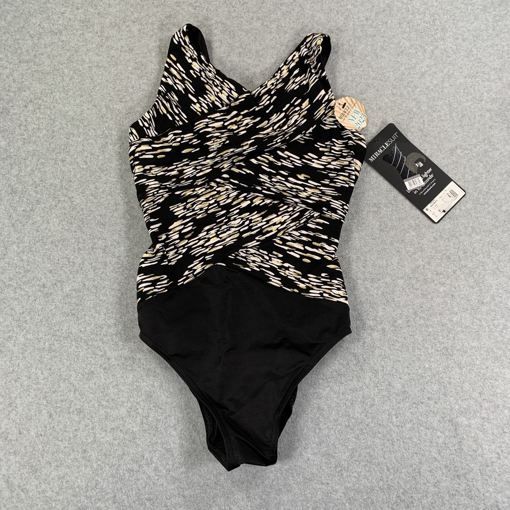 Miraclesuit One-Piece Swimsuit 8 Black White Animal Print Tummy Control NWT